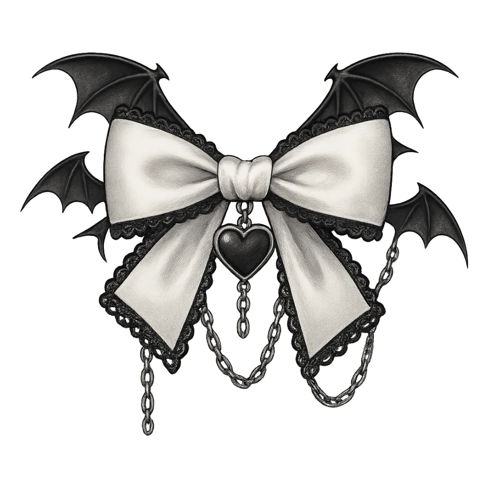 Edit the image to depict a white gothic bow with black lace trim, a heart charm, and additional gothic elements such as bat wings and silver chains. The style should be general to allow flexible editing. Remove the background. sticker
