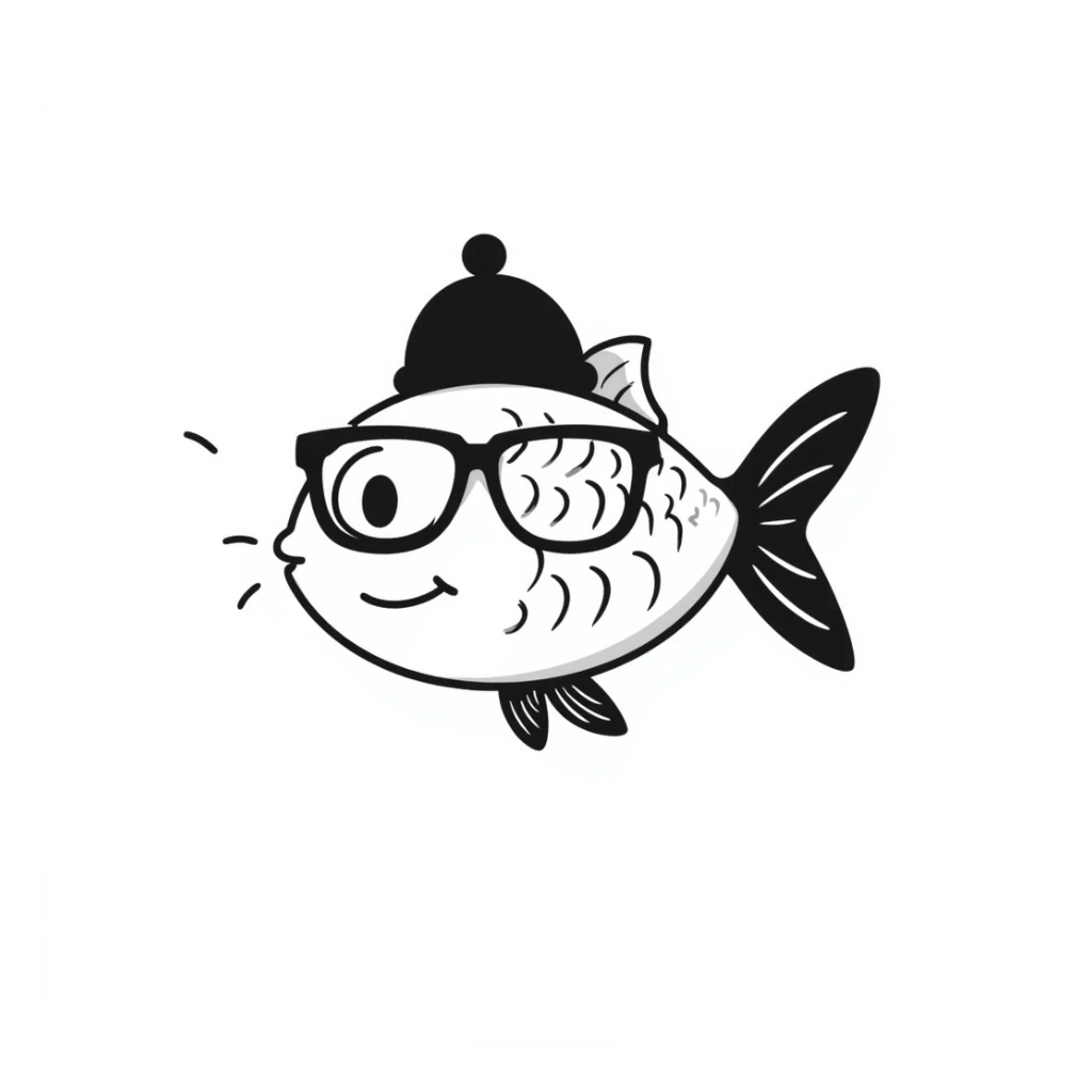 A hand-drawn goldfish with a derpy expression wearing oversized glasses sticker