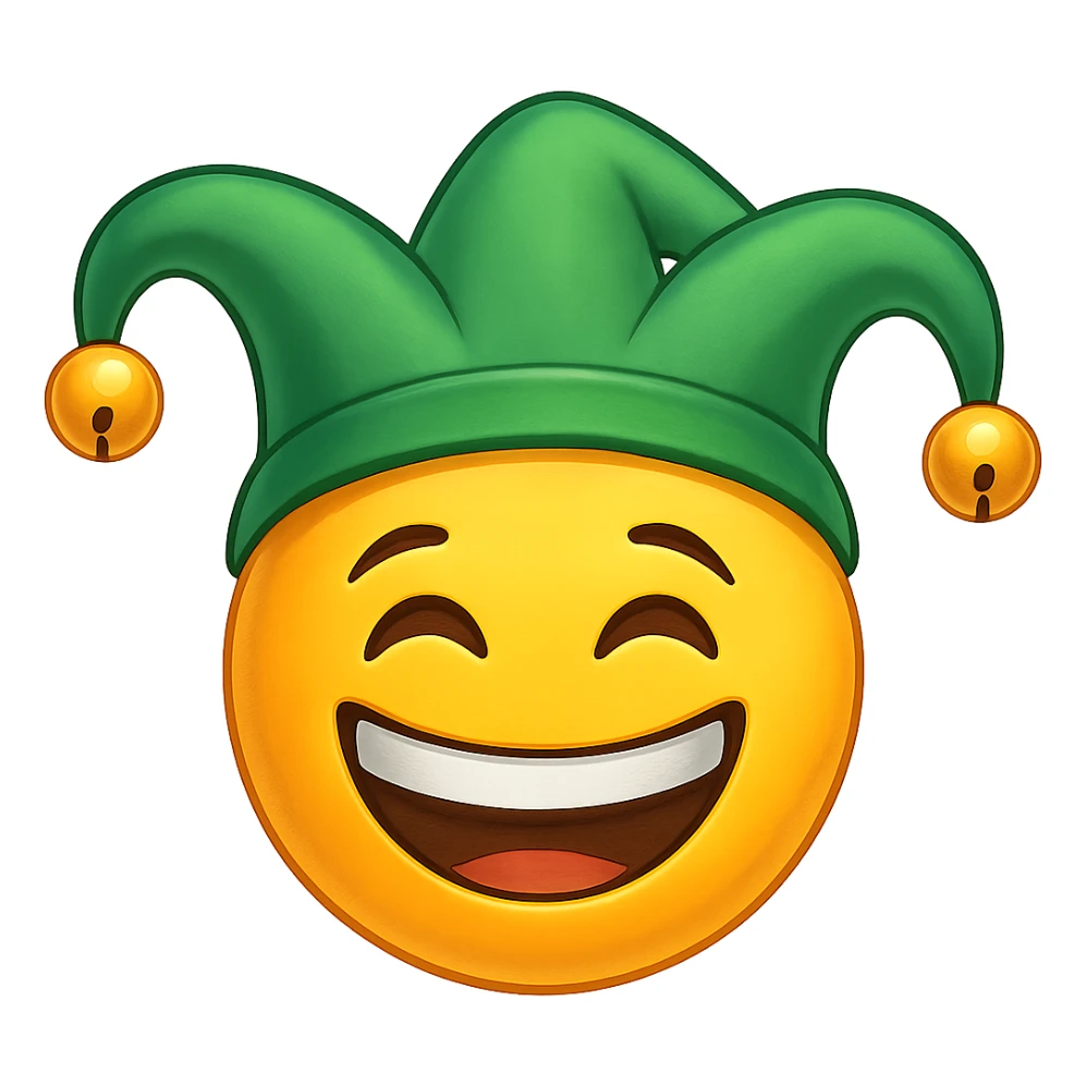 yellow face with green jester hat emoji, digital illustration sticker
