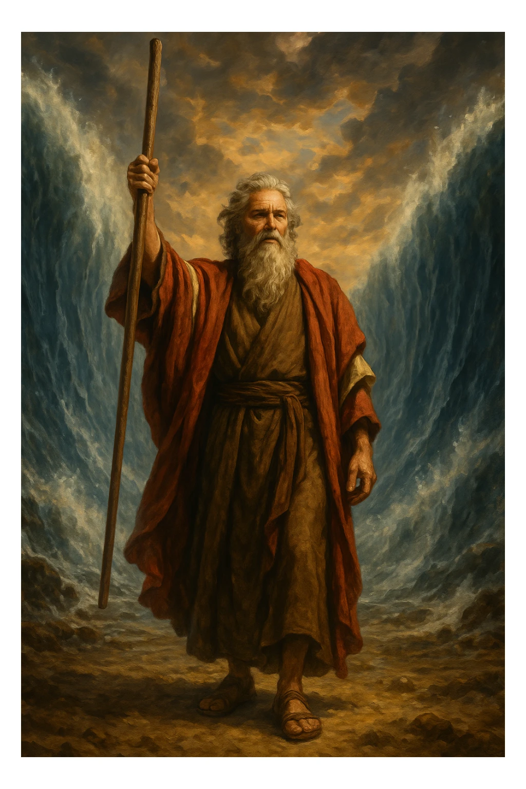 Moses holding his staff upright, flowing beard, traditional attire, parted Red Sea in background sticker