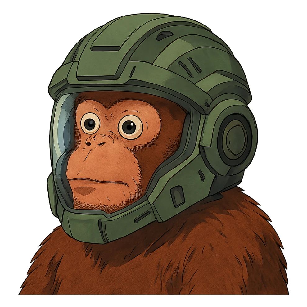 the image is the icon for a videogame insta-use item, it is armor [open face combat helmet] - futuristic cyberpunk -ready to equip-  it is master craftsmanship [ unequipped item ], except it's the monkey from the "neuron activation" meme sticker