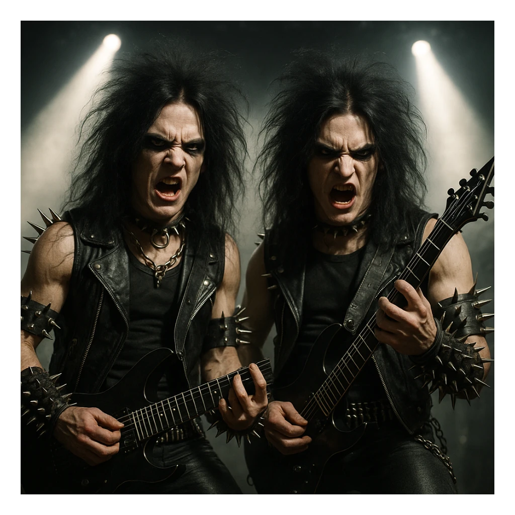 Gemini twins with electric guitars, heavy metal style, spiked accessories, intense expressions sticker