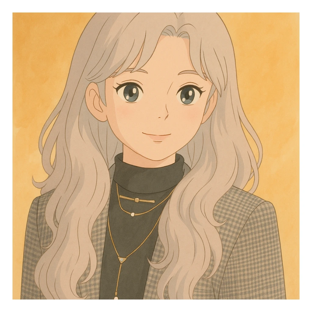 Turn this woman into a Ghibli style character with soft colors, gentle expression, detailed hair, warm background, anime-inspired, elegant outfit. sticker