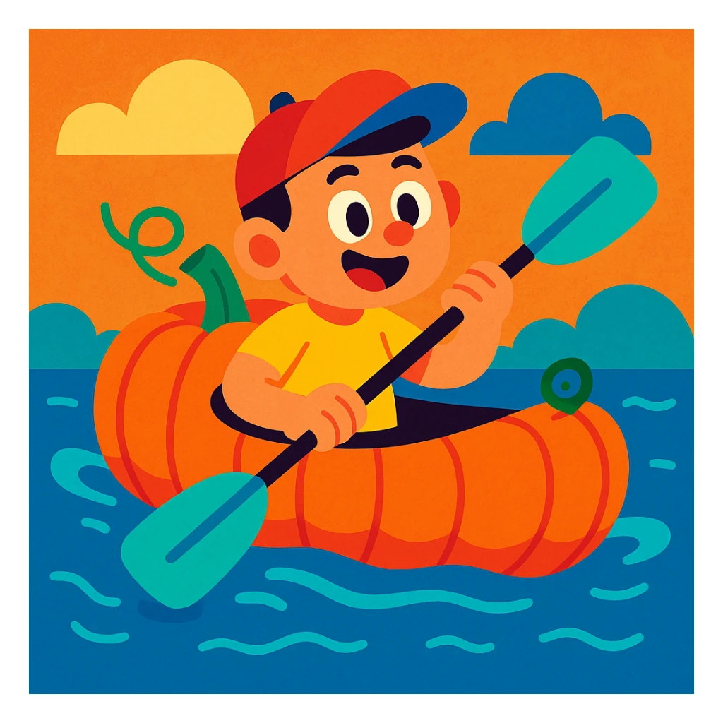 a cartoon character paddling a kayak shaped like a pumpkin, vibrant toon style, cheerful and playful sticker