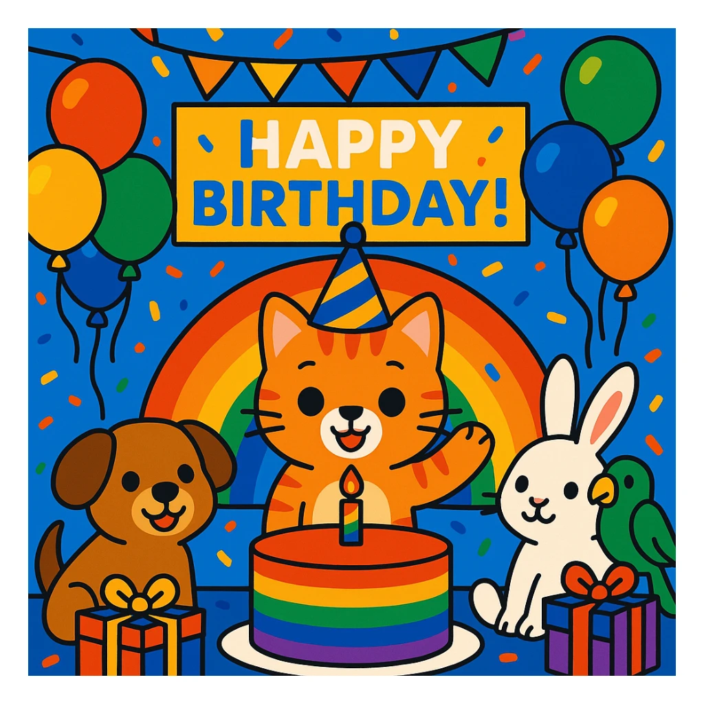 birthday party scene with a rainbow color theme including rainbow balloons, multicolored decorations, confetti, a large rainbow birthday cake, gifts, and a festive atmosphere; main character is a ginger tabby kitten wearing a birthday hat, surrounded by a puppy, bunny, and parrot also celebrating; include a prominent 'Happy Birthday!' message sticker