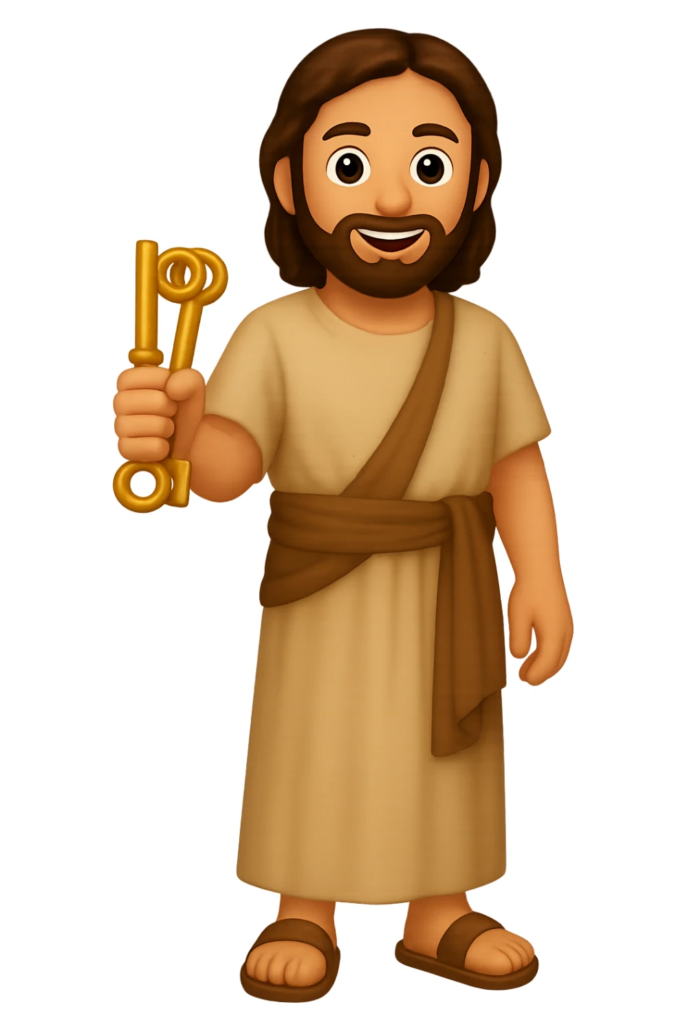 Create a fullbody apostle Peter in high detail, emoji style, wearing plain robes like the reference image, holding keys, standing pose. The style should resemble emoji style with clear details and colors. sticker