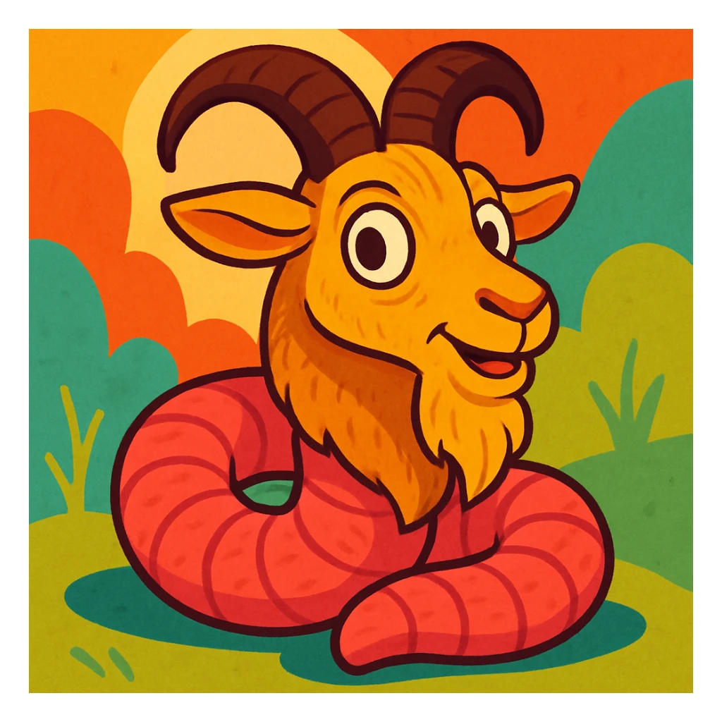fantasy animal with goat's head and beard, coiled worm body, subtle fur texture, expressive eyes, vibrant toon style sticker