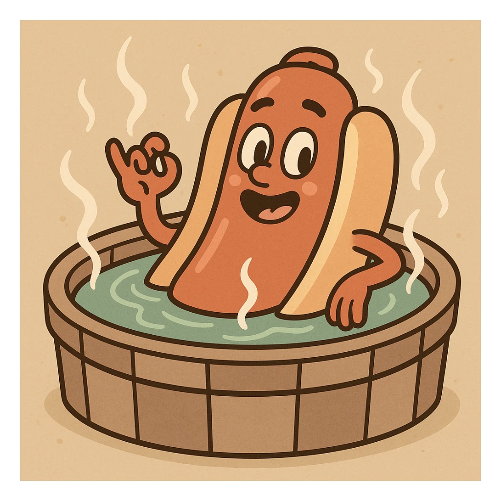 cartoon hotdog soaking in a steaming hot tub, cute and fun style sticker