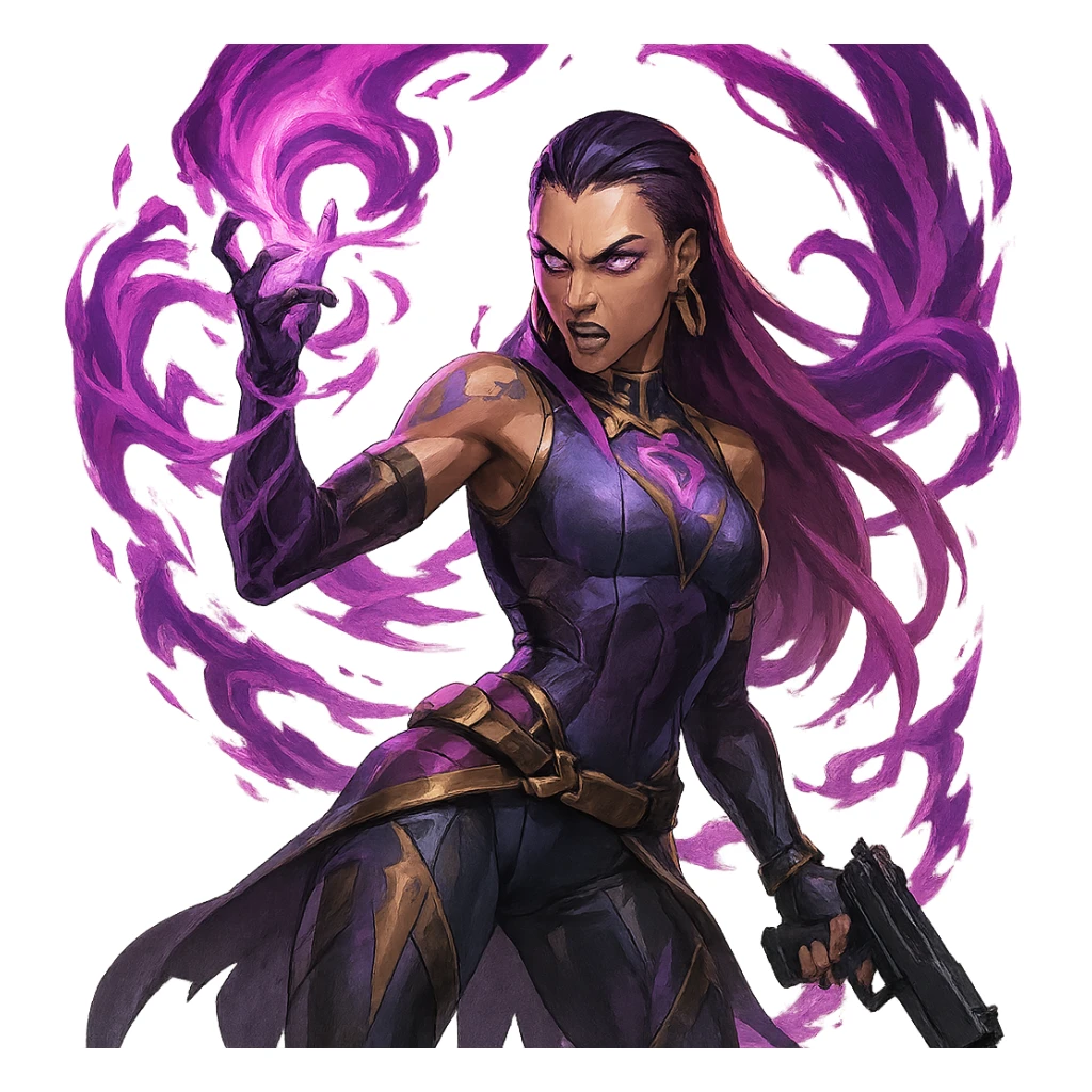 Reyna from Valorant, action pose, hand raised, energy swirling, game-inspired, dynamic composition sticker