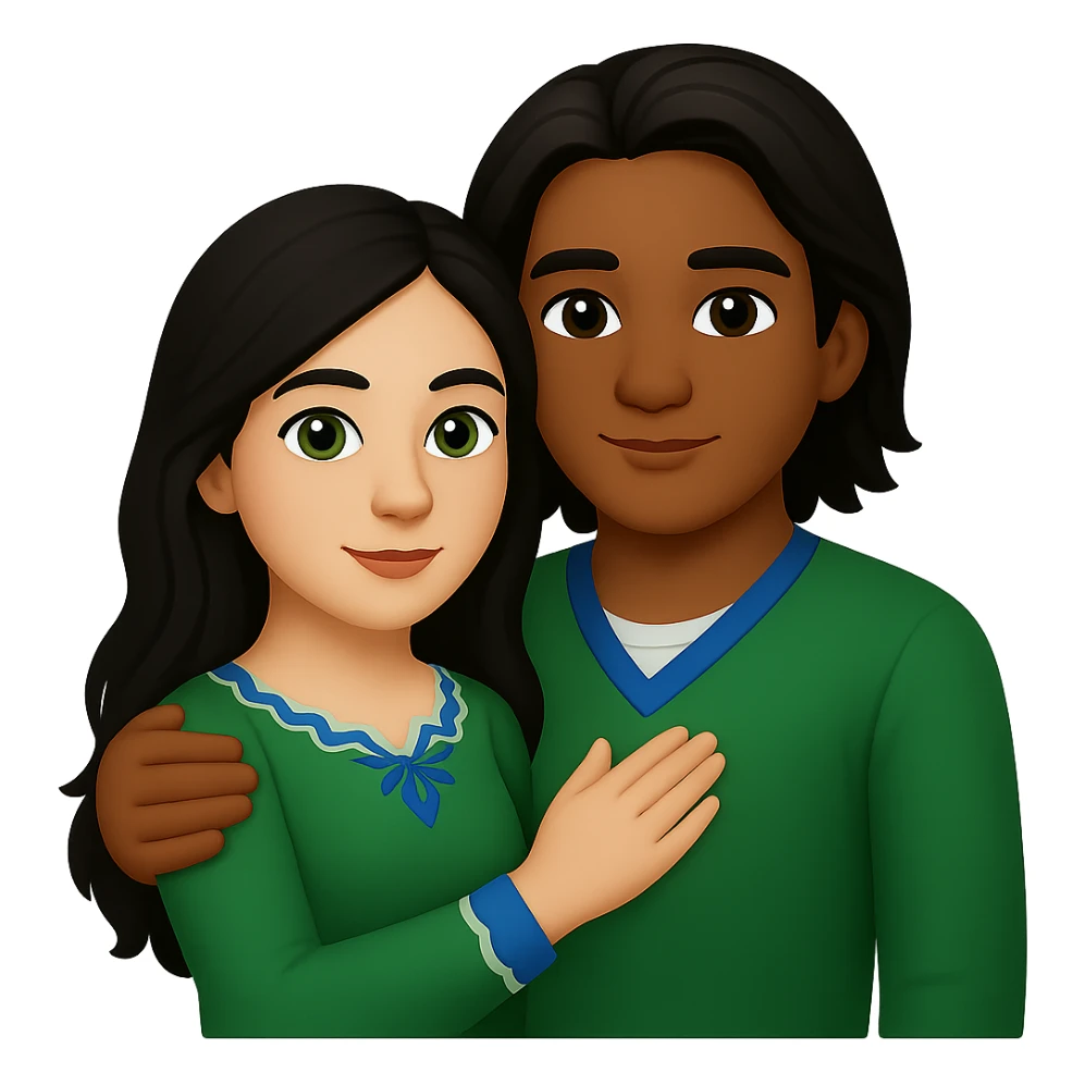 Edit the image in apple emoji style with no background. Change the man to have a darker skin tone, short hair, and brown eyes. Keep the woman with long dark hair and green eyes. Depict a young Métis man and young white woman holding each other affectionately. sticker