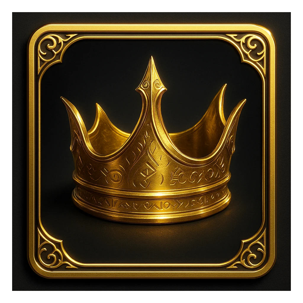 elegant gold crown with sleek curved design, intricate fantasy details, subtle glowing gemstones, encased in a Magic: The Gathering inspired card frame with metallic polish, ornamental corners, arcane motifs, faint glowing frame, dark background, clean iconic look, suitable for competitive Magic/Commander league logo or emoji sticker