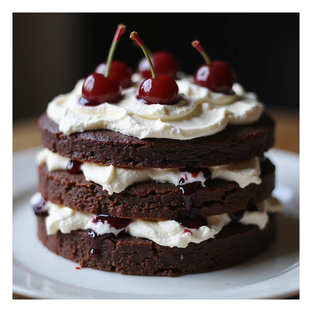 black forest cake, realistic, rich chocolate layers, whipped cream, cherries on top, appetizing and detailed sticker