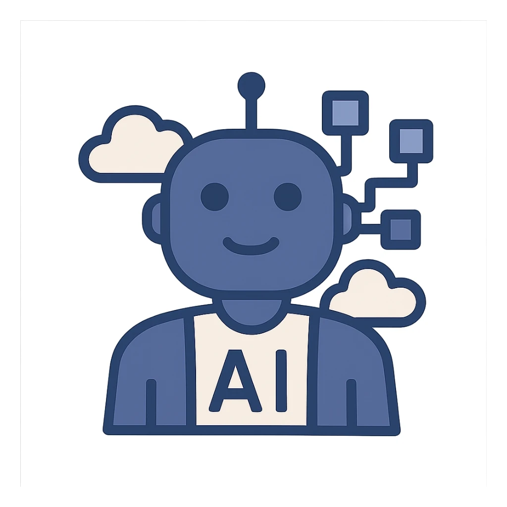 icon illustrating AI, stylized robot head with digital elements, flat blue style sticker