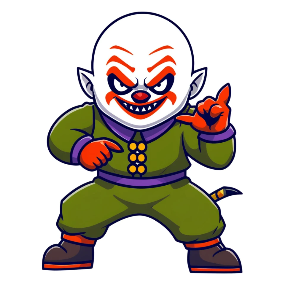 evil clown warrior, bald, short horns on forehead, fangs, pointed ears, black and military green leisure suit, battle-ready fighting posture sticker