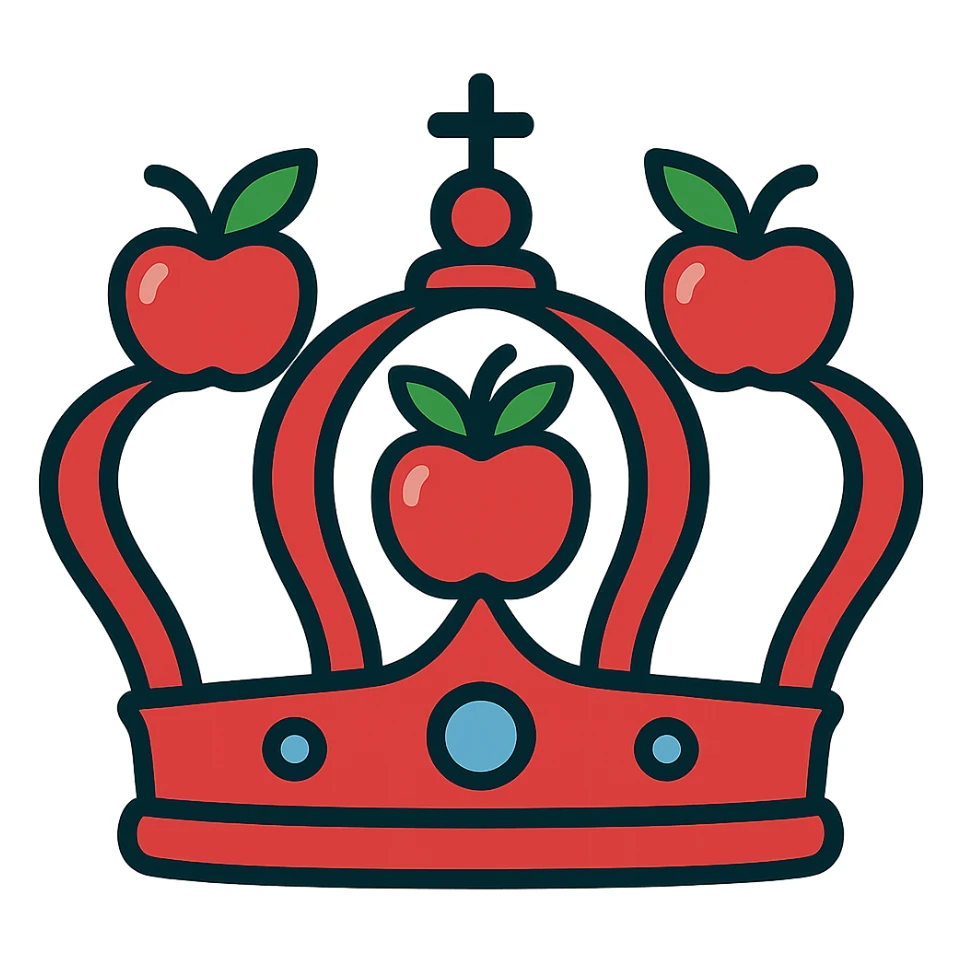 Increase the use of red in the classic royal crown, making the apples and crown band predominantly red, with green leaves for contrast, no background. sticker