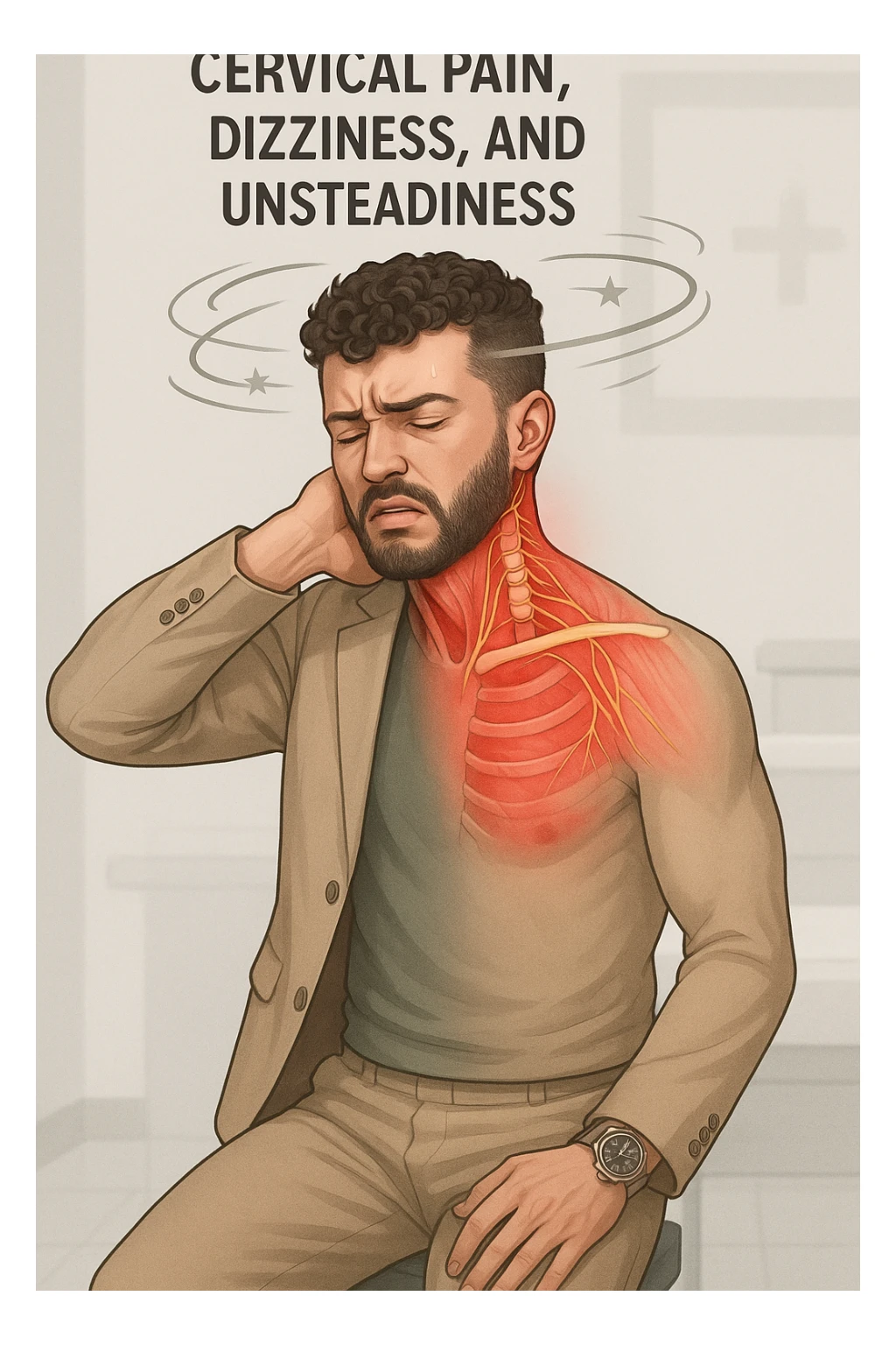 Uomo con dolore per infortunio vista anatomica in piedi con dolori cervicali vertigini e sbandamenti sticker