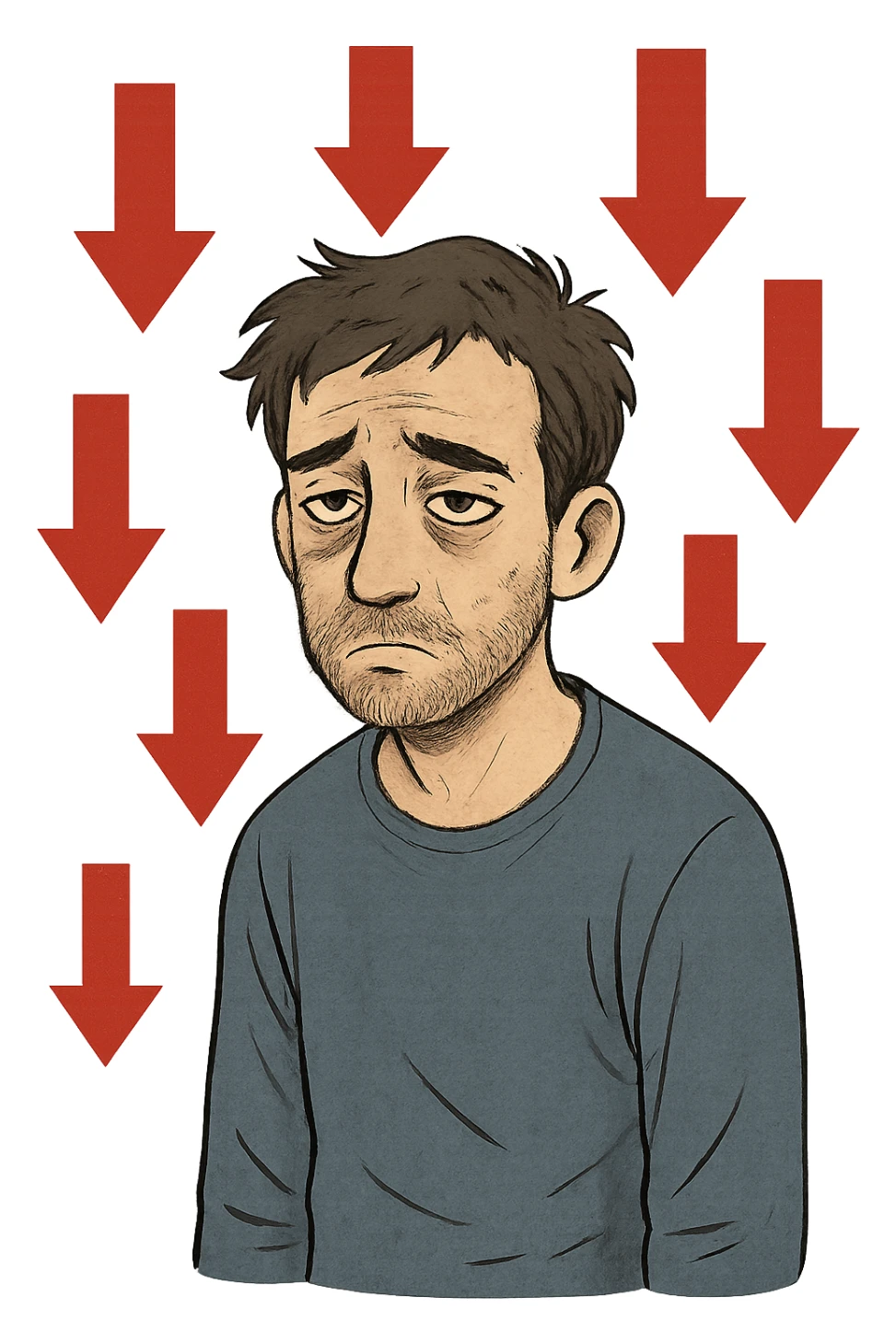  un uomo con espressione affaticata, circondato da frecce rosse in basso sticker