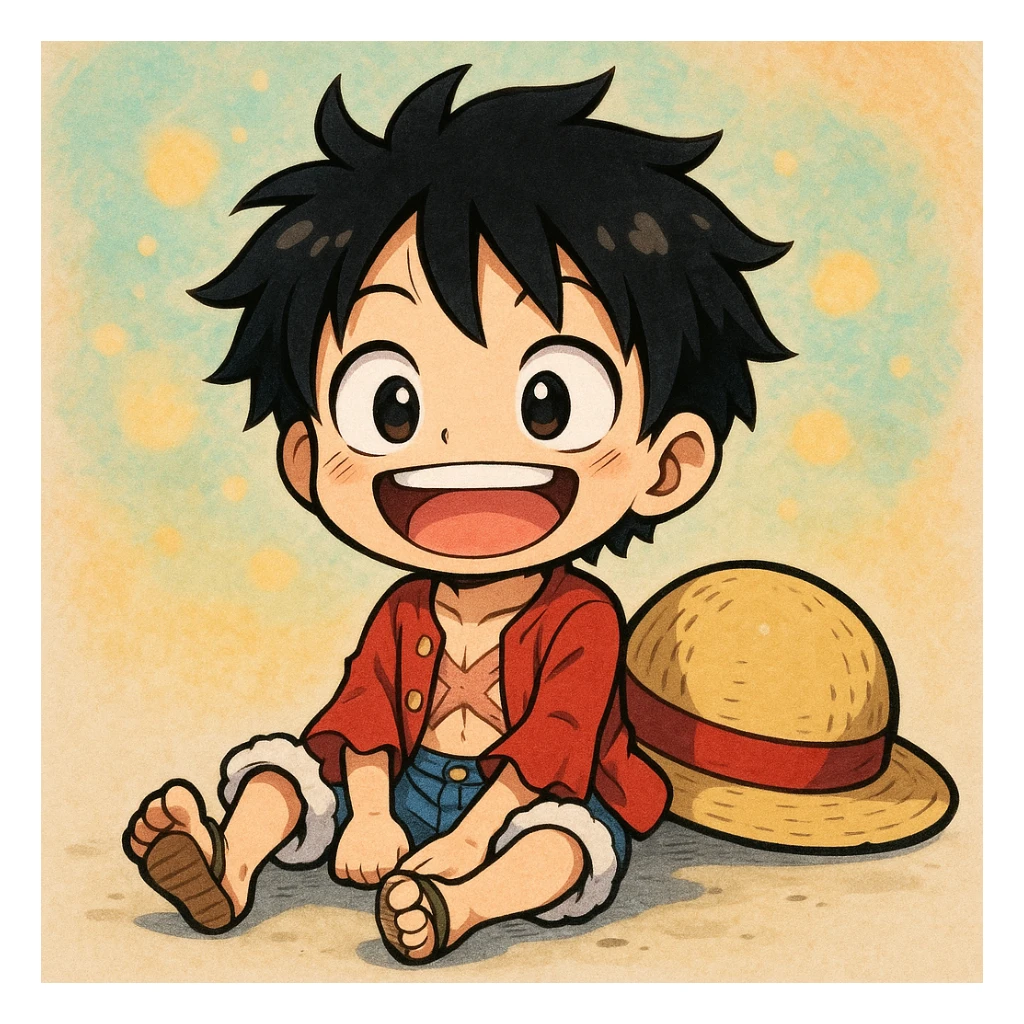 Luffy from One Piece, chibi style, sitting with his straw hat, cheerful expression, anime-inspired sticker