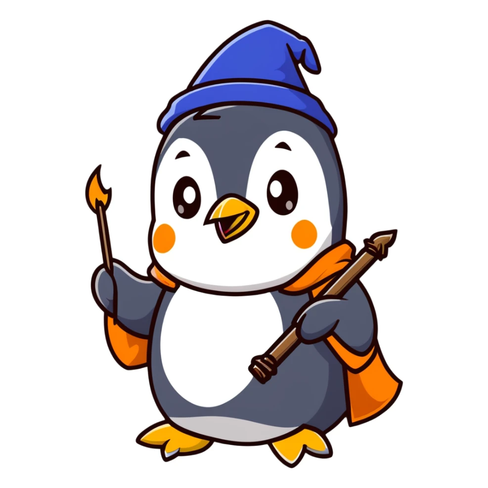 Penguin casting a magical spell with a wizard hat and blue robes sticker