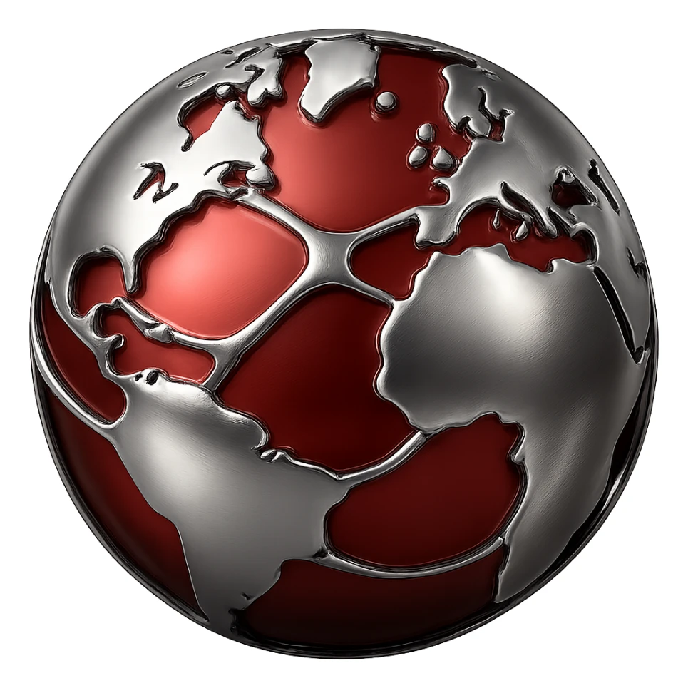 Make all empty spaces in the 3D chrome world a vibrant red, keep the chrome world and bridges metallic and shiny, with no background. sticker
