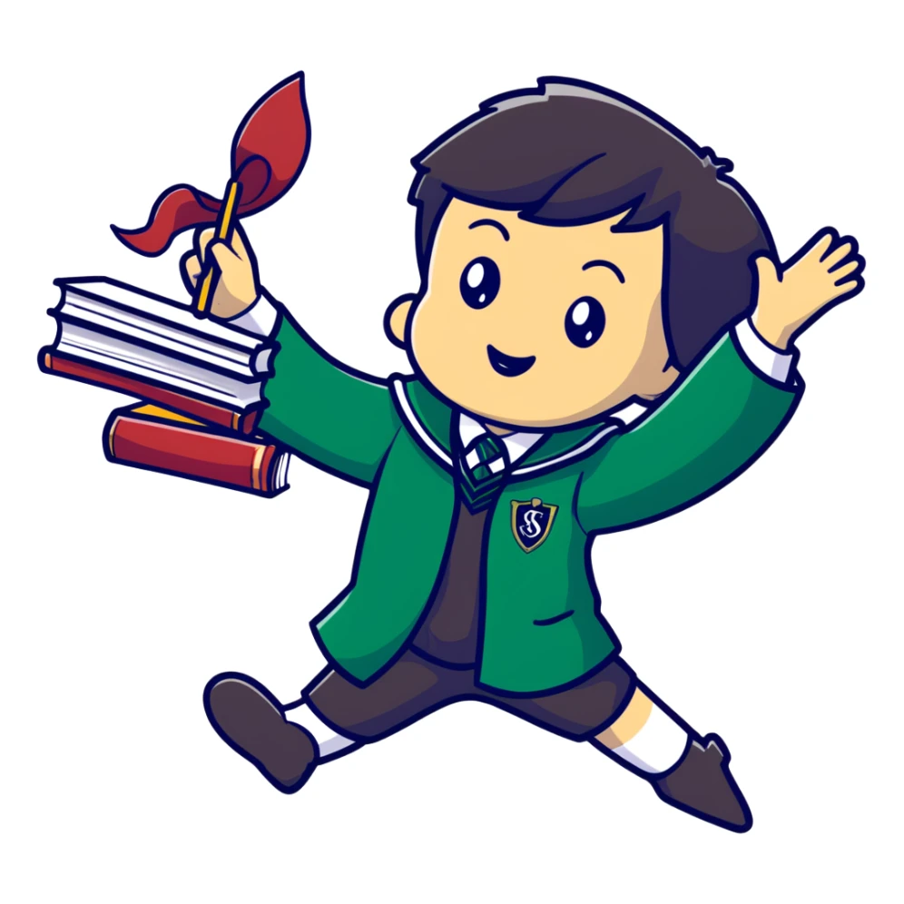 Slytherin student tripping and falling with books and wand flying sticker