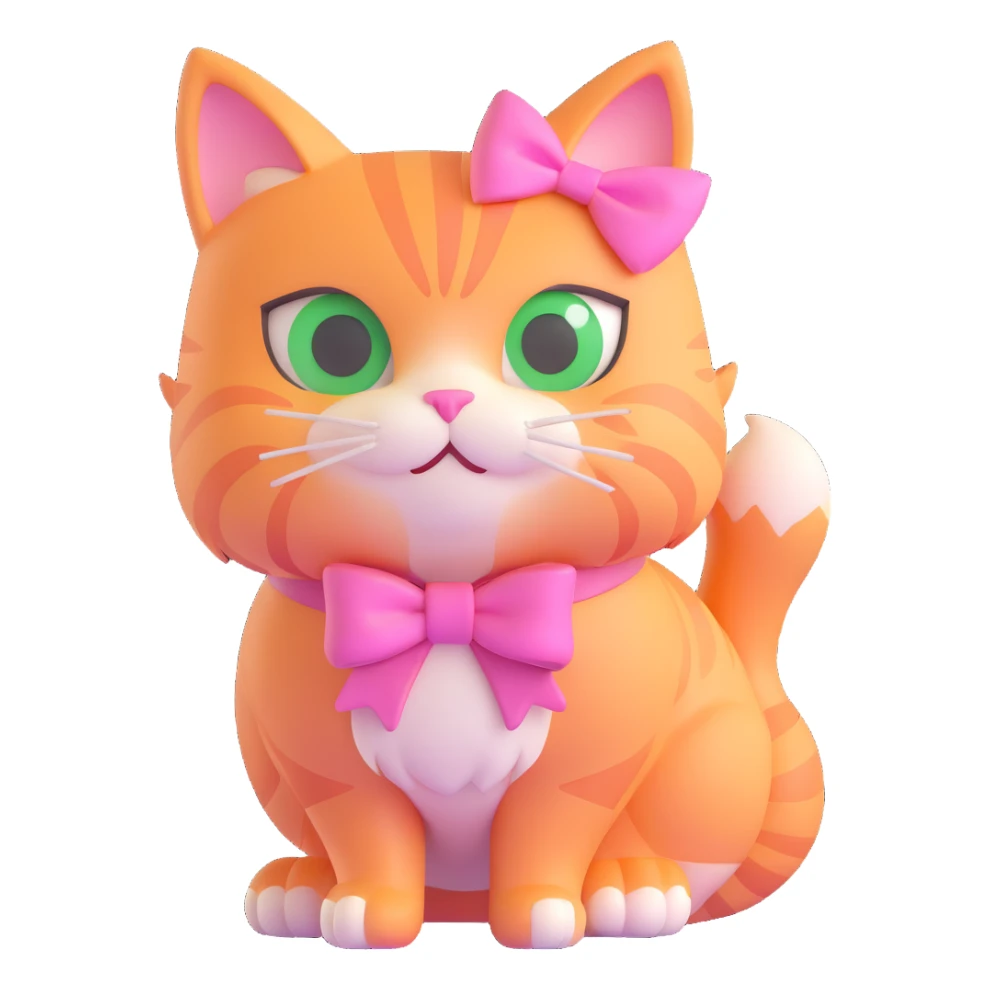 3D iOS style cat with a pink bow, green eyes, and light orange fur sticker
