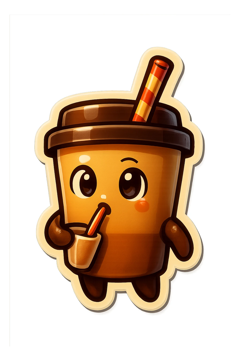 Tall coffee cup, intrigued, drinking coffee with straw, watching sticker