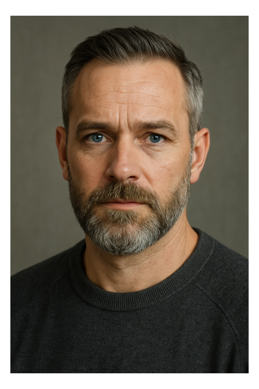 A middle-aged man with a medium slightly gray beard, short hair cut to the scalp on the sides and combed back on top, blue eyes sticker