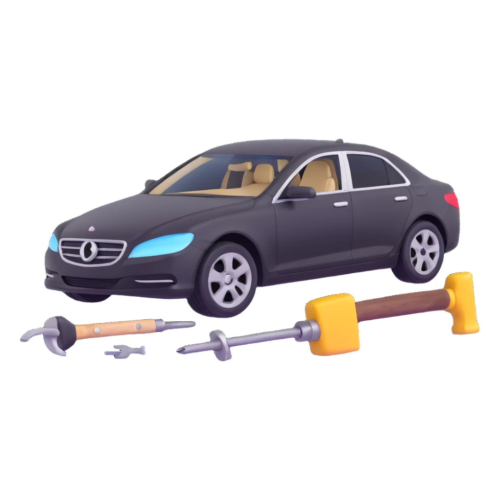 luxury car with dent repair tools like a lever and small hammer, elegant and modern sticker