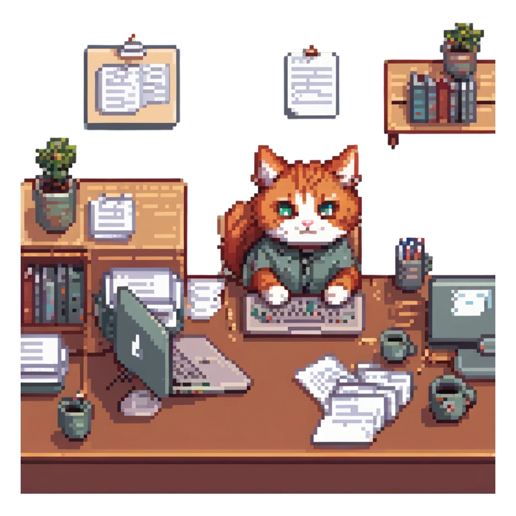 redhead cat at a desk with a MacBook, stacks of papers, looking stressed but cute, pixel art style sticker