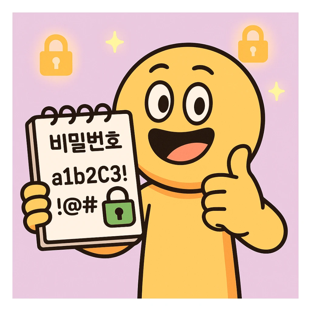 cartoon emoticon character holding a notebook with '비밀번호' (Korean for password), strong password 'a1b2C3!@#', secure lock icon, character giving thumbs-up, glowing lock icons in background, flat design, bright colors, pastel background, 360x360px, PNG sticker