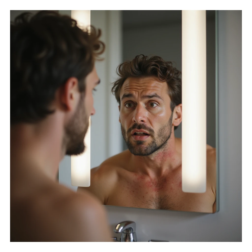hyperrealistic 4K image of a man looking at himself in the mirror with a worried expression, noticing a rash on his neck, natural light, modern bathroom sticker