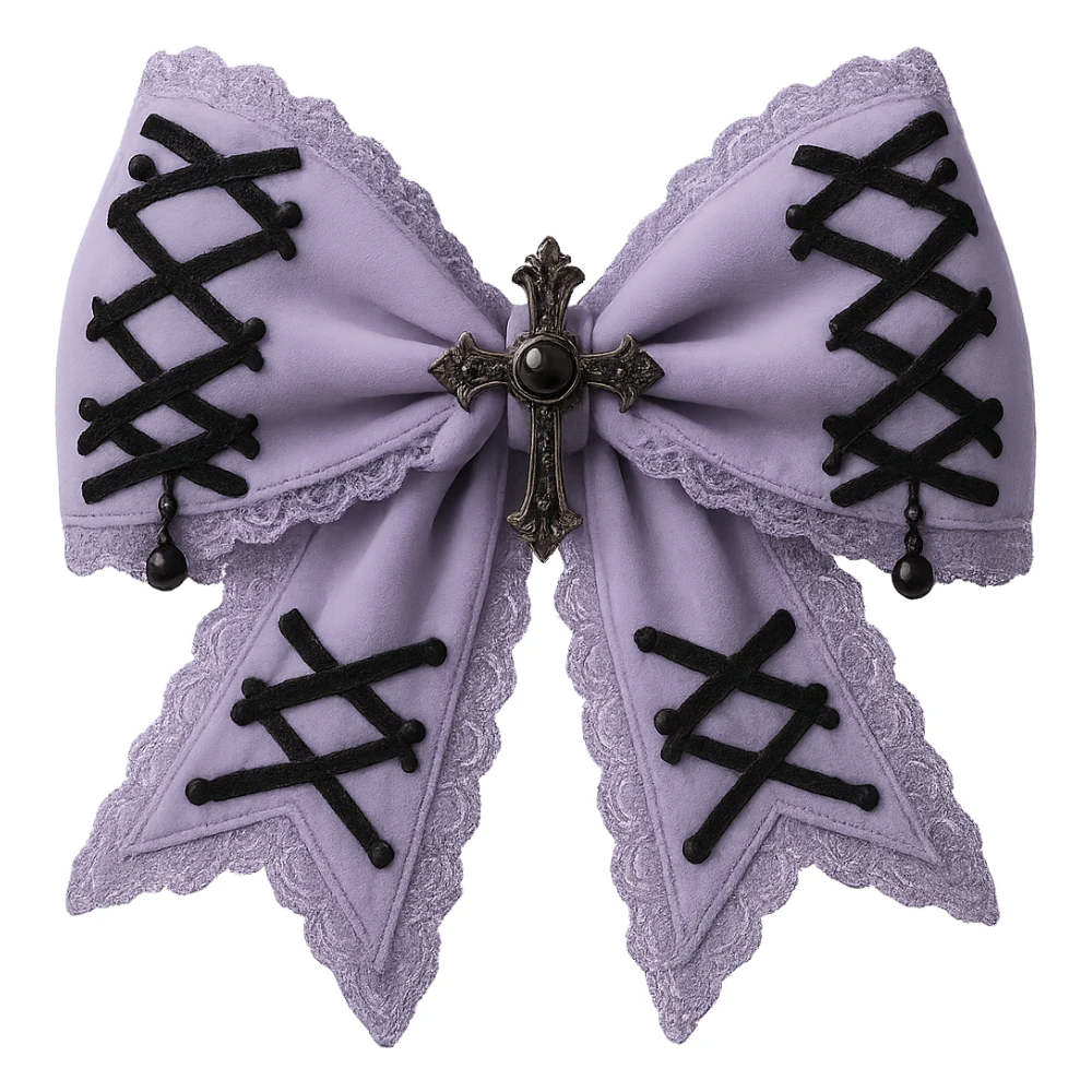 Make the gothic bow and accessories pastel purple, keep lace and velvet details, photorealistic style, keep background transparent. sticker