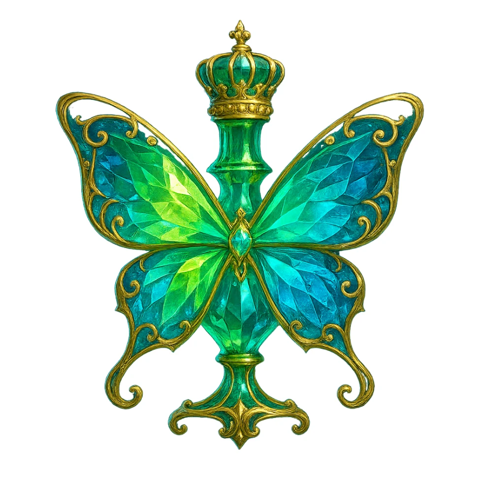 luxurious crystal butterfly-shaped bottle with short neck and crown, green (#c0ff53) and blue colors, glowing, ornaments, magical effects, golden details, transparent background, beautiful connected base, floating in air, no base or shadow, very similar to original sticker