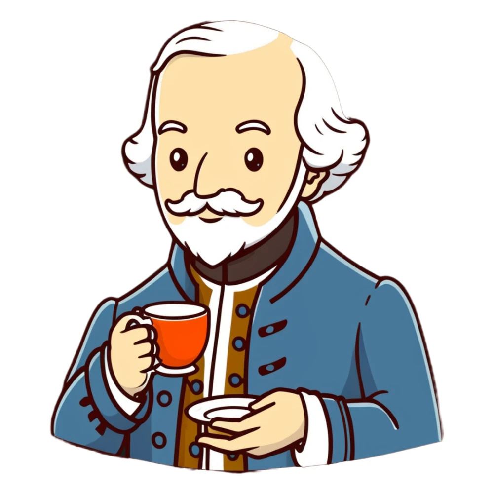 Adam Smith with a scholarly appearance, beard, 18th century attire, enjoying a cup of tea sticker