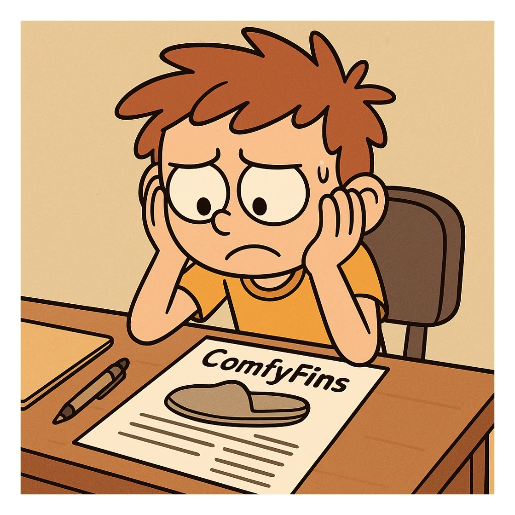 child entrepreneur, sitting at a desk with ComfyFins paperwork, head in hands, cartoon style sticker