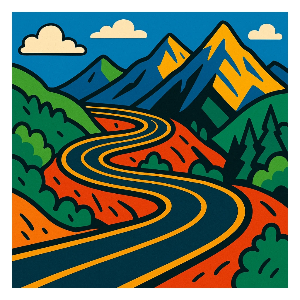 a winding mountain road with sharp curves, vibrant cartoon style sticker