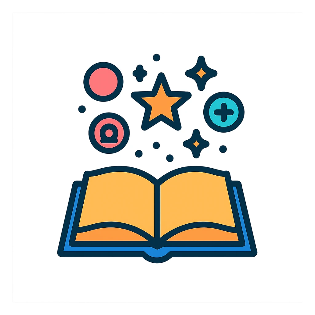 open book with flying sparks and glowing symbols, magical atmosphere, shadows and highlights, colorful outlines sticker