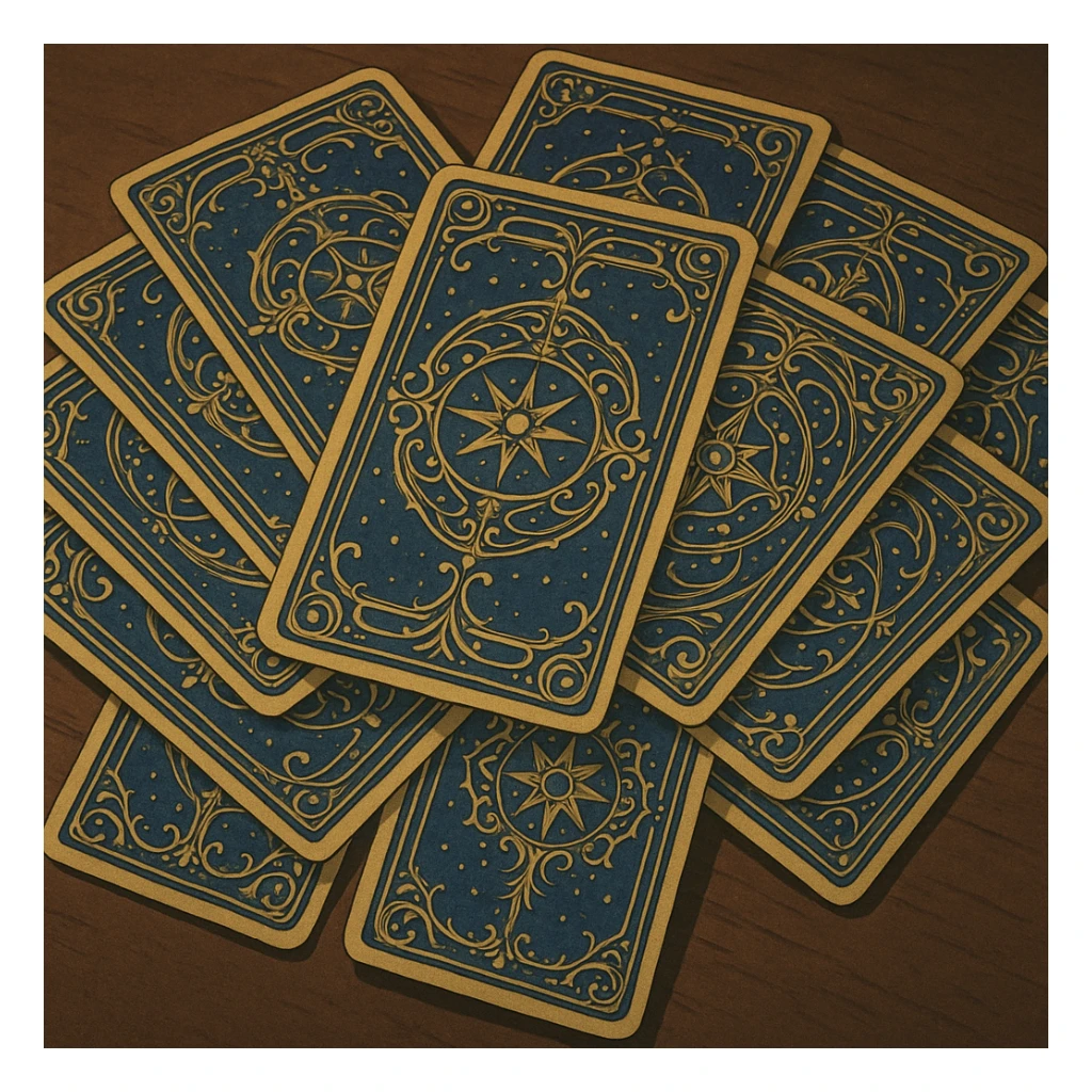 tarot card deck with ornate, intricate backs, gold and deep blue color palette, cards fanned out, mystical and elegant sticker