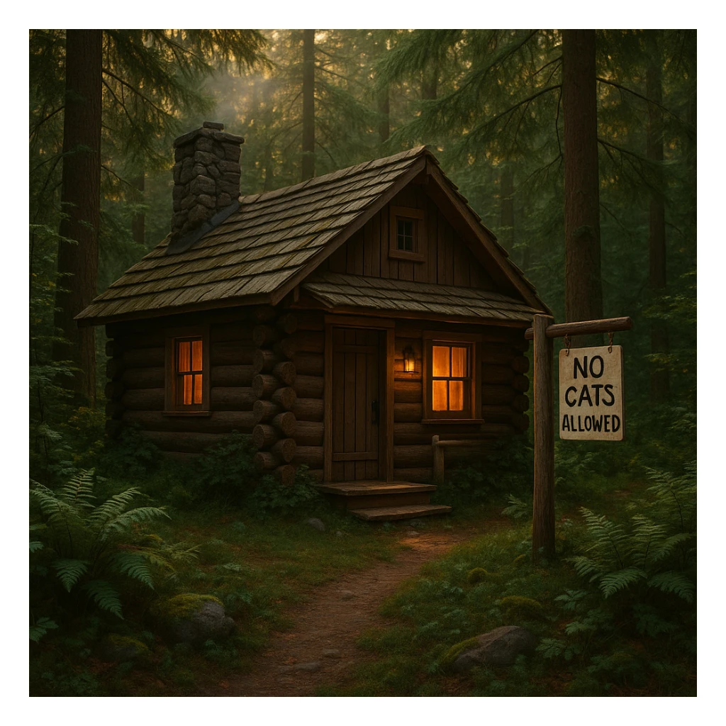 cozy cabin in the woods with a 'No Cats Allowed' sign, surrounded by nature sticker