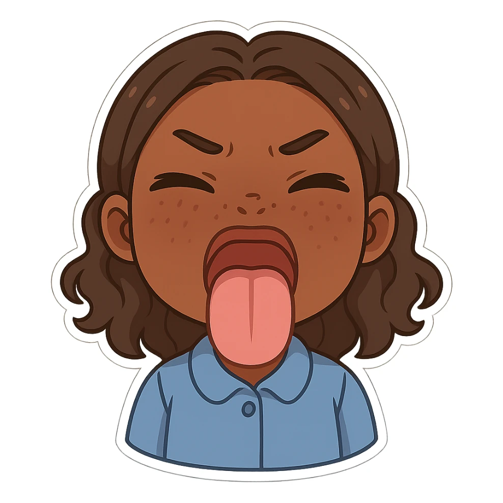 Make this a caramel-skinned girl sticking out her tongue, keep the original chibi stickers style, with no background. sticker