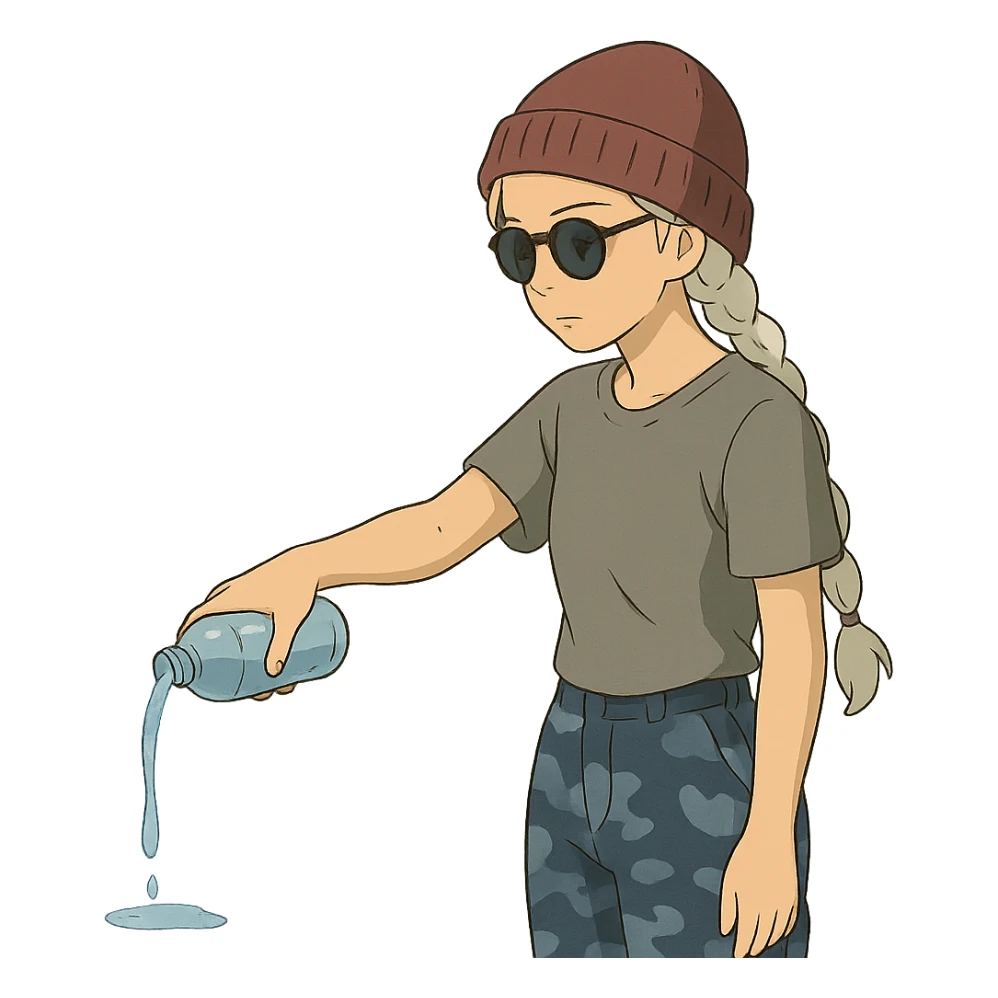 1 female, long white braid, knit cap, dark sunglasses, GRAY T-SHIRT, blue camo pants, gazing slightly down, POURING OUT A WATER BOTTLE on the ground sticker