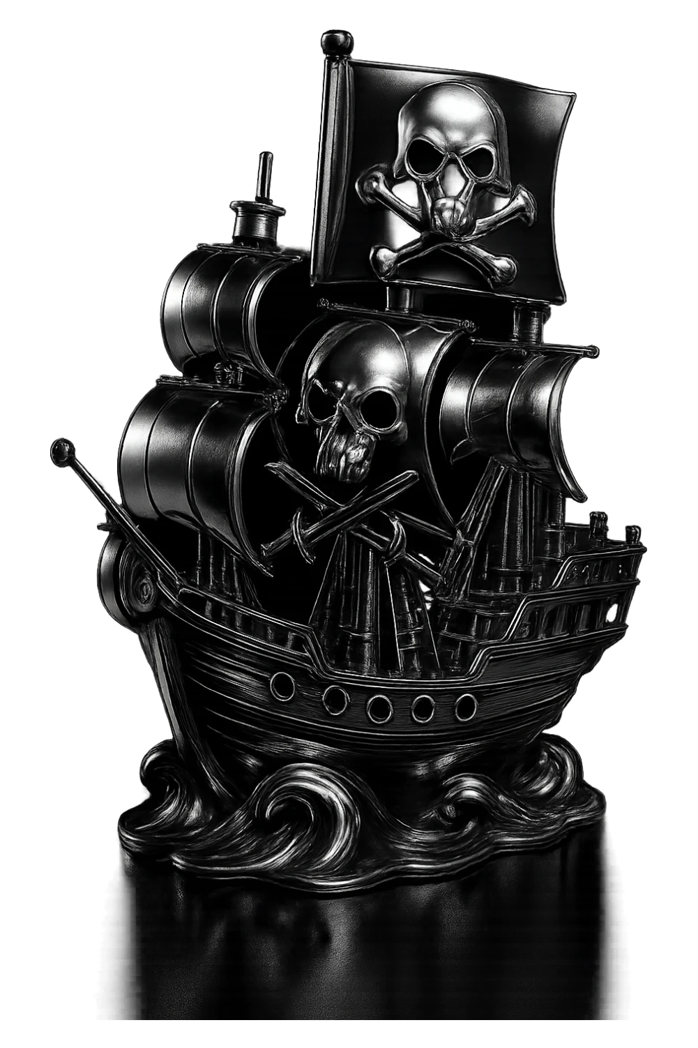 Make the flag's emblem on the pirate ship look much more like the provided skull and crossed bones: a realistic animal skull with open mouth and two curved bones crossing behind it, all in chrome. Preserve the chrome ship and night scene. sticker
