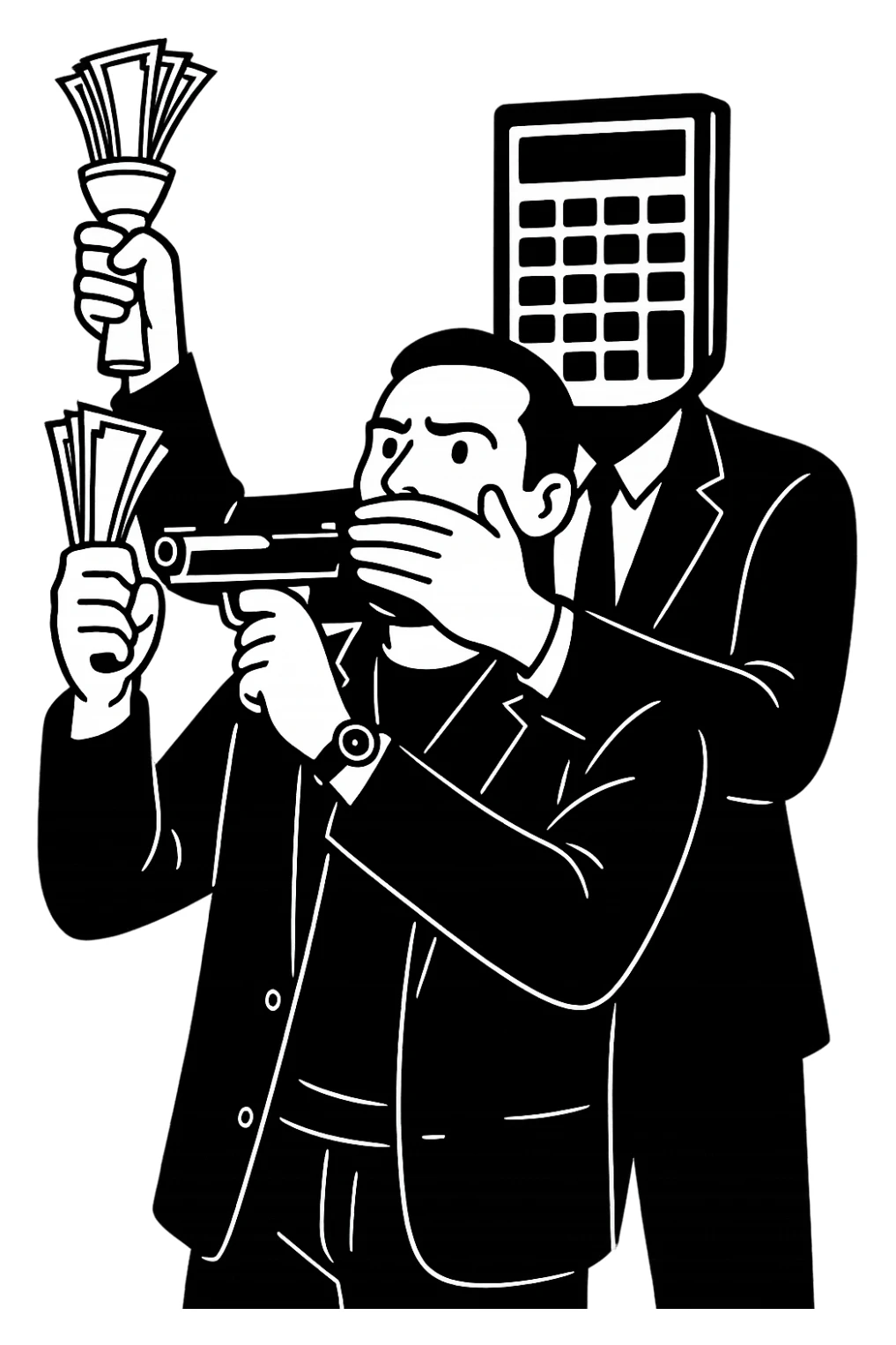 Используя такую стилистику и точно такого же героя, сгенерируй картинку. На ней позади героя стоит фуруга, у которой вместо головы калькулятор, она приставила к виску героя пистолет, а другой рукой закрывает рот героя, прозрачный фон sticker