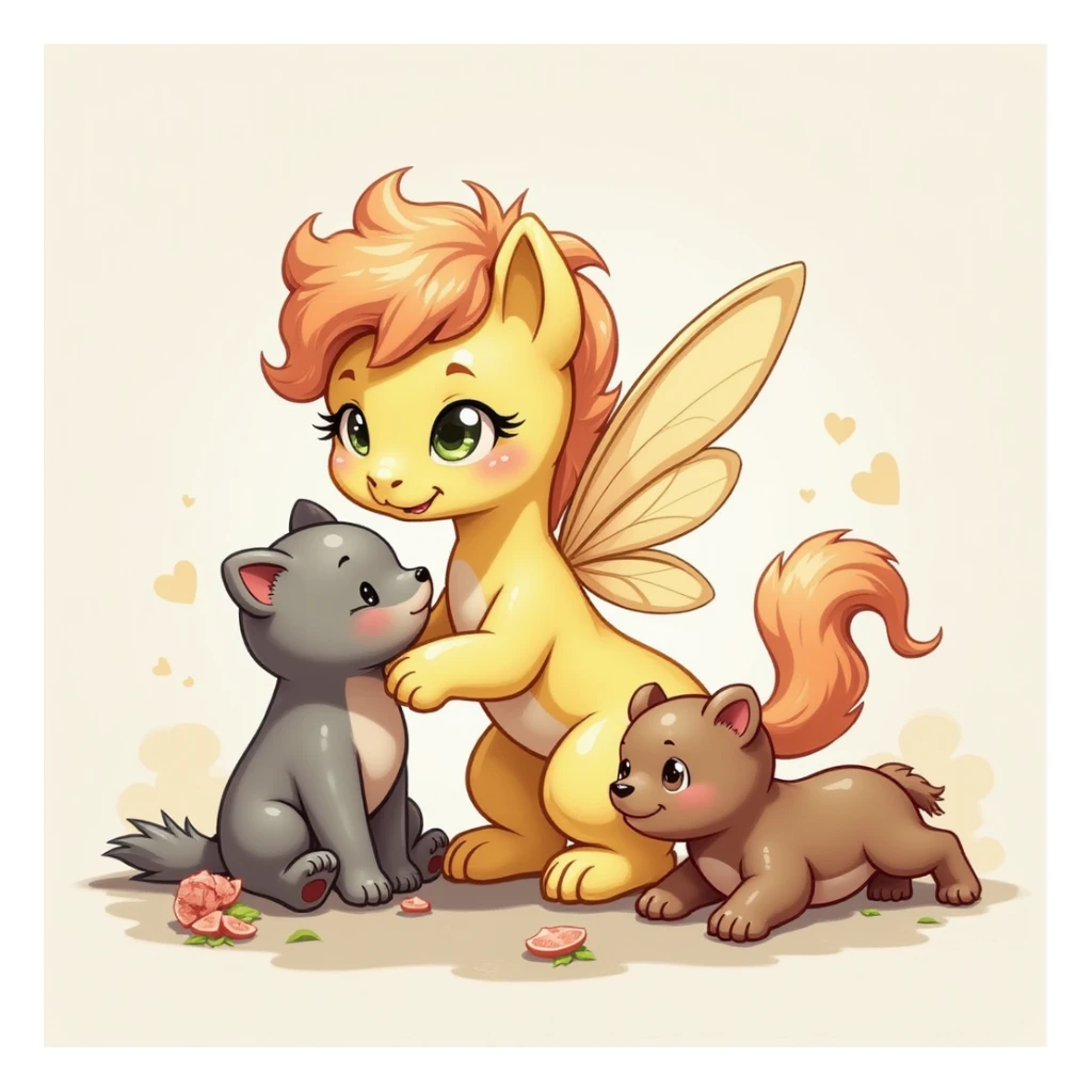Fluttershy playing with animals, realistic style, no background, transparent sticker