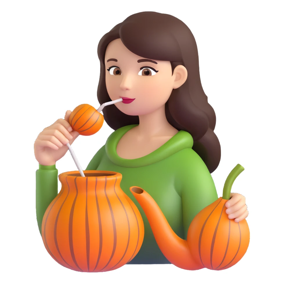 brunette woman drinking mate from a gourd with a bombilla straw sticker