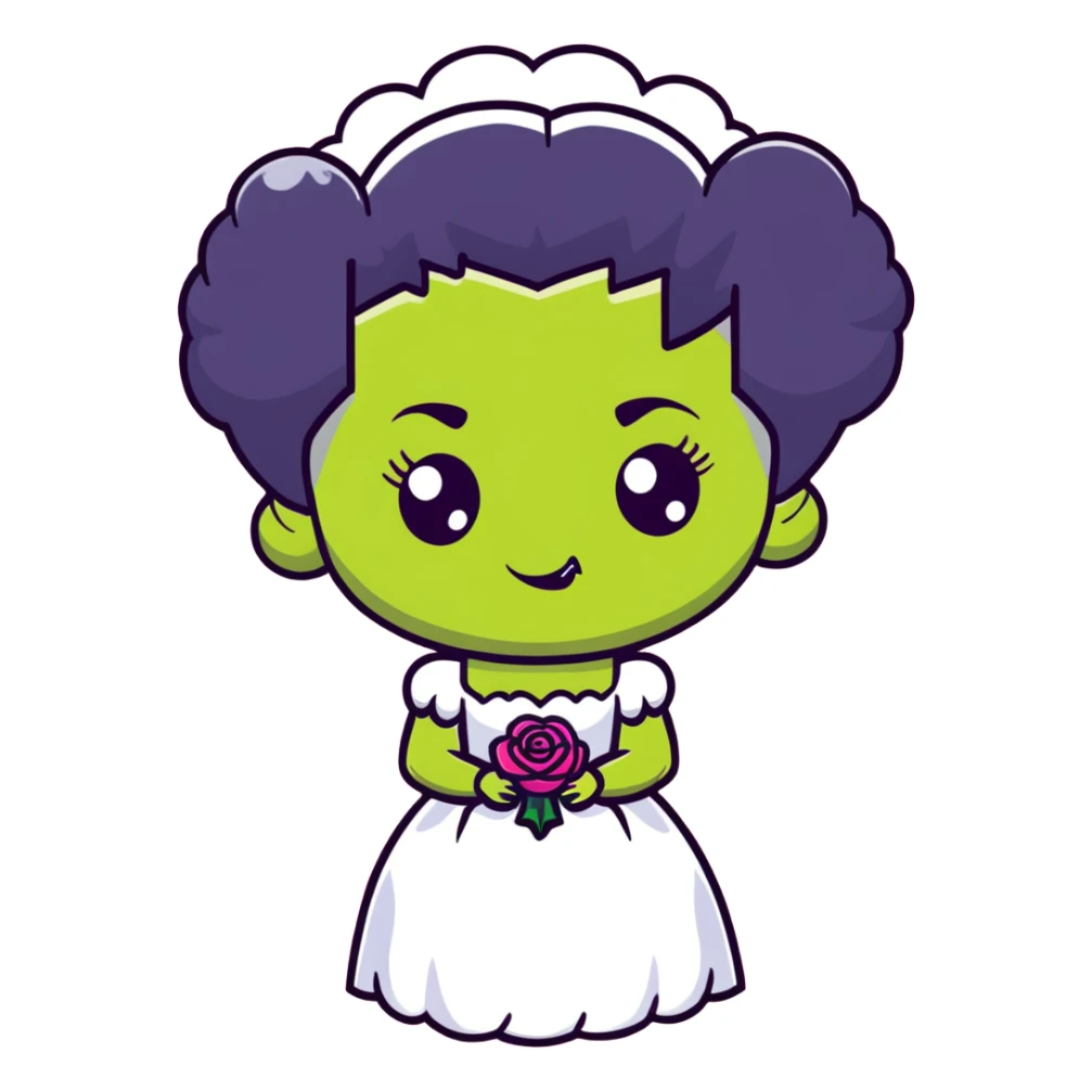 kawaii Bride of Frankenstein with rosy cheeks and adorable stitches sticker