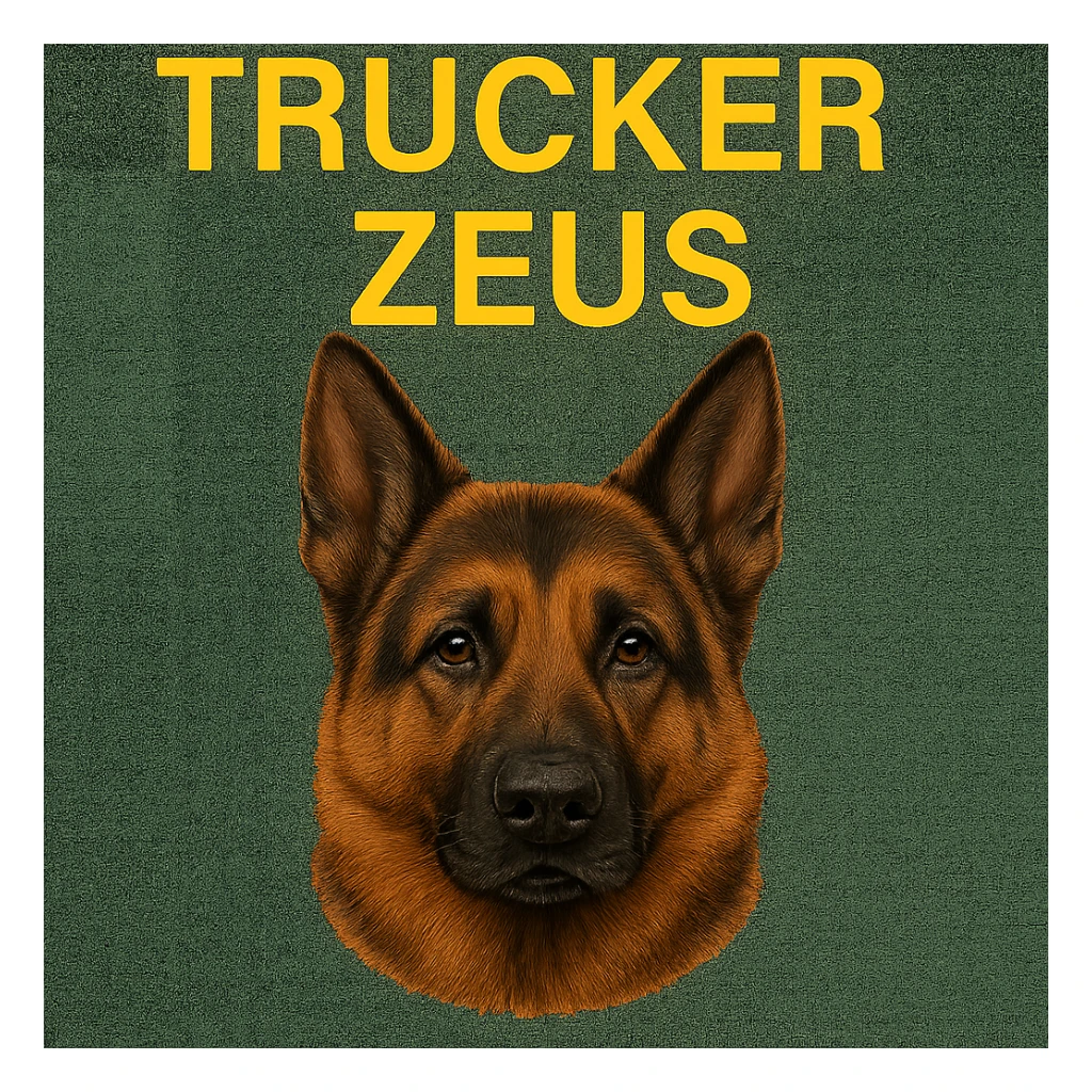 Change the words 'Trucker Zeus' to yellow, keep the realistic German Shepherd, and maintain a transparent background. The style is realistic with a focus on the German Shepherd and clear text in yellow. sticker