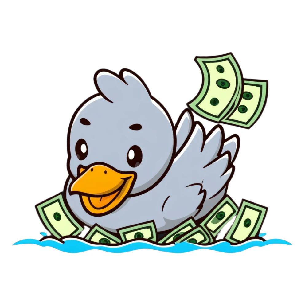 Cartoon duck doing backstroke in a sea of money sticker