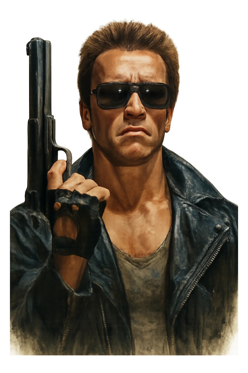 Terminator Arnold Schwarzenegger with sunglasses, holding a gun up, realistic painted style sticker